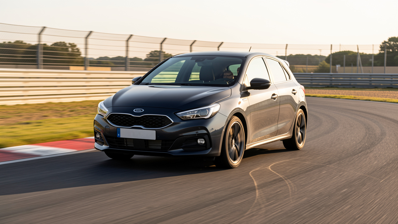 Compacte berline cinq portes premium négociant un virage sur un circuit, illustrant l’équilibre entre conduite sportive et polyvalence quotidienne.