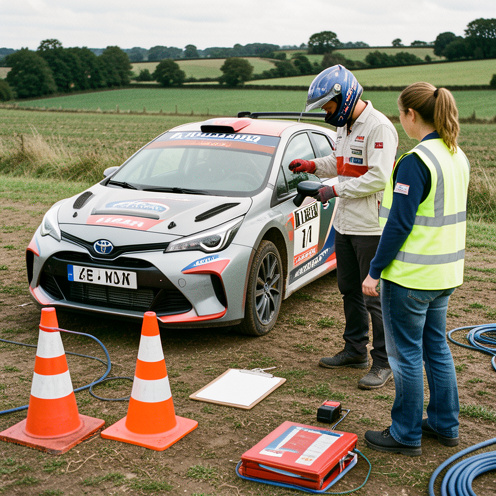 Voiture de rallye inspectée dans un paddock du Var, avec un pilote et une officielle portant des équipements de sécurité.