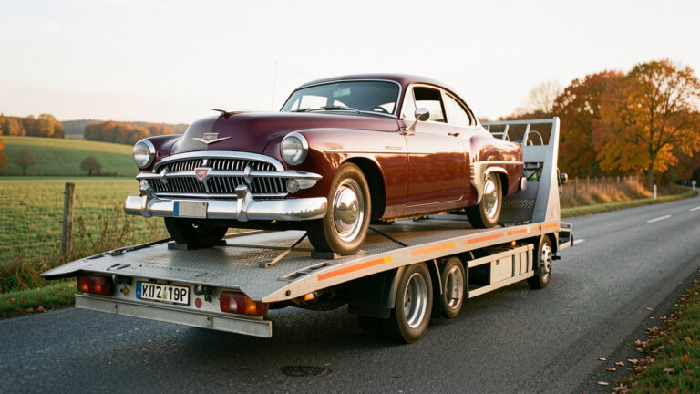 Voiture de collection soigneusement sécurisée sur un véhicule de dépannage moderne, dans un paysage rural baigné par la lumière dorée.