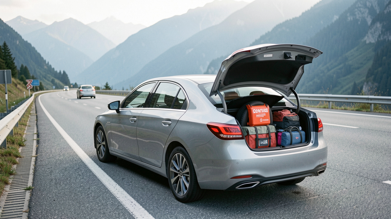 Berline premium prête pour un road trip, avec équipement d’assistance et accessoires de voyage disposés près du coffre sur une route de montagne.