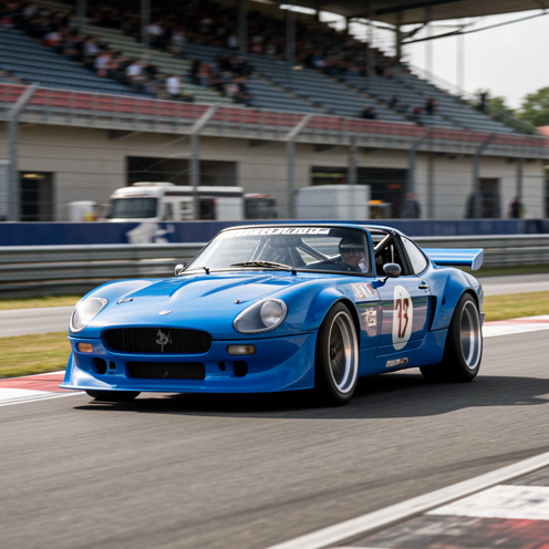 Roadster de compétition bleu prenant un virage sur un circuit automobile, équipé d’un arceau de sécurité, d’un kit aérodynamique et de pneus slicks.