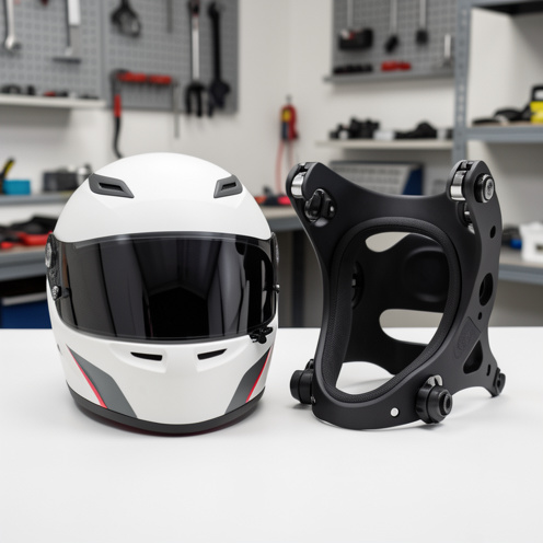 Casque de course automobile présenté à côté d’un dispositif de retenue de la tête et du cou HANS, avec ses points d’ancrage et éléments de compatibilité visibles.