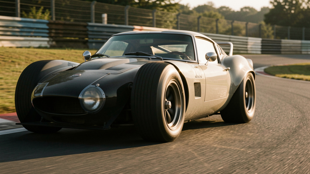 Voiture ancienne de sport équipée de pneus adaptés, prenant un virage sur un circuit automobile, avec un gros plan sur la bande de roulement et le contact avec l’asphalte.