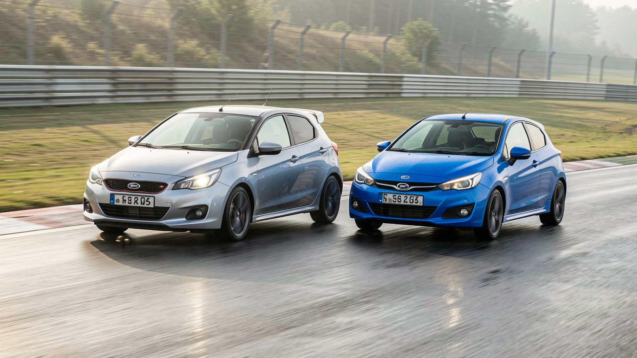 Deux berlines compactes sportives d’occasion, l’une argentée et l’autre bleue, abordent ensemble un virage sur un circuit automobile dans une lumière matinale.