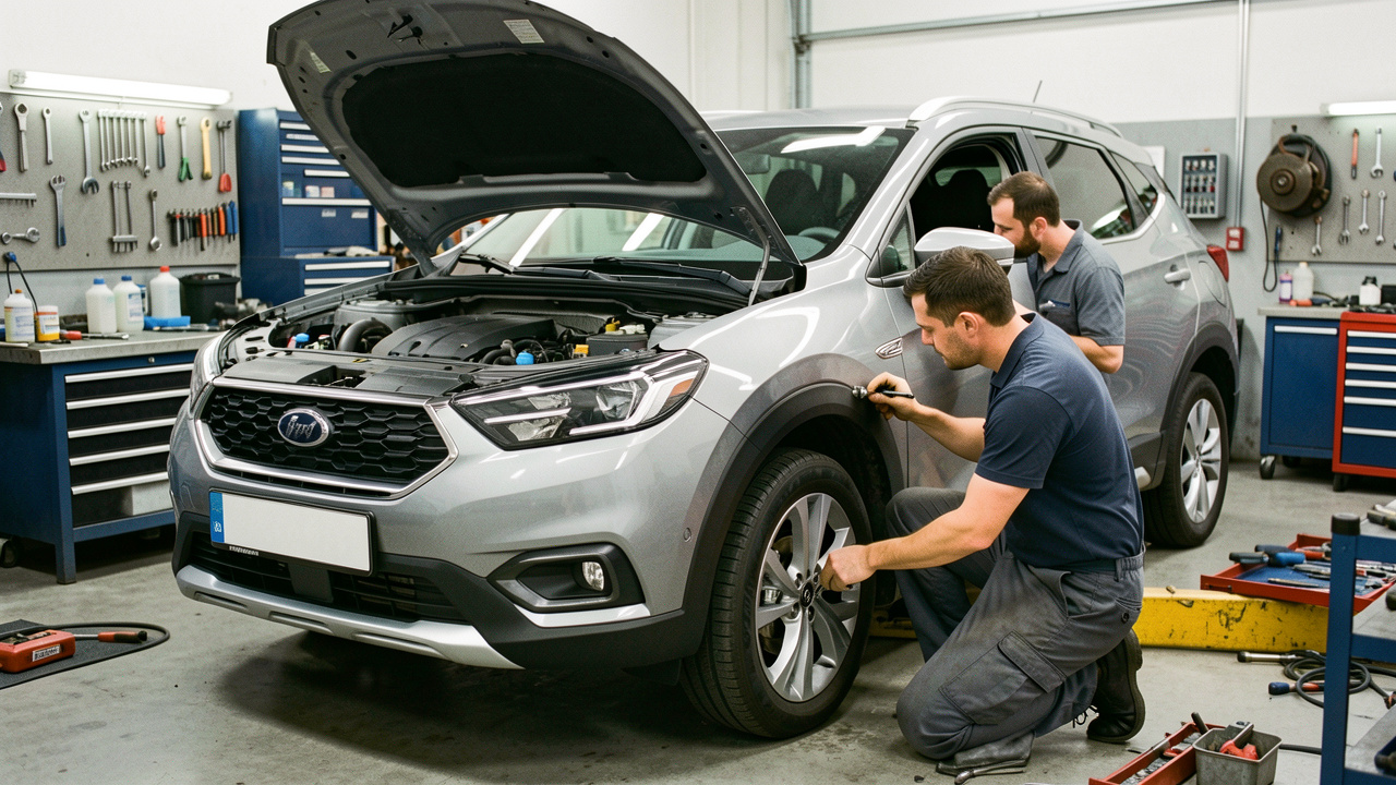 Un SUV compact inspecté dans un atelier automobile, avec vérification des pneus, des niveaux et des composants mécaniques.