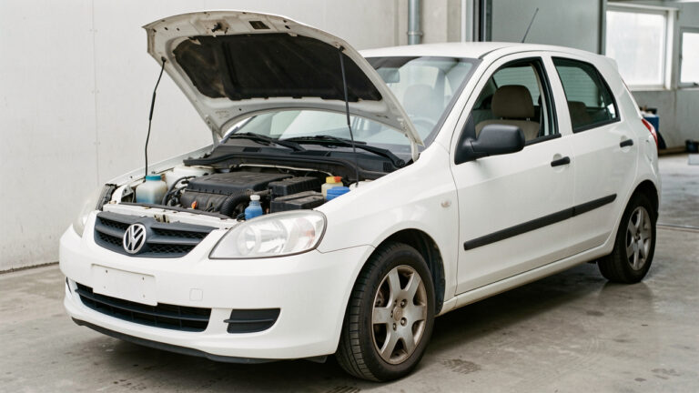 Inspection détaillée d’une voiture citadine d’occasion avec le capot ouvert, montrant le moteur, les pneus, les freins et l’intérieur propre.
