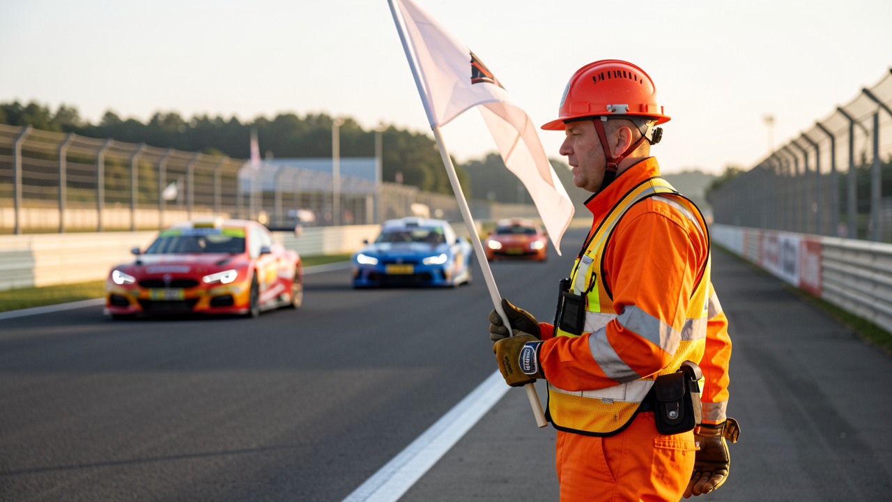 Un commissaire de piste en tenue de sécurité observe des voitures de course sur un circuit automobile.