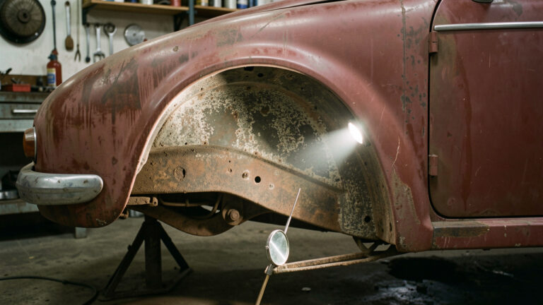 Détails de corrosion examinés sur la carrosserie et le dessous d’une voiture ancienne dans un atelier de restauration.
