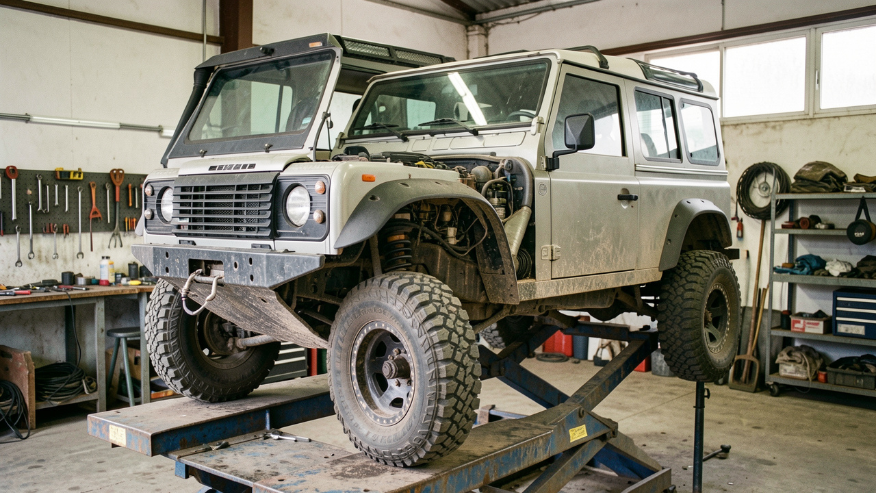 SUV compact 4x4 sur un pont élévateur dans un garage, avec ses pneus tout-terrain, sa suspension et ses éléments mécaniques inspectés pour les sorties hors piste.