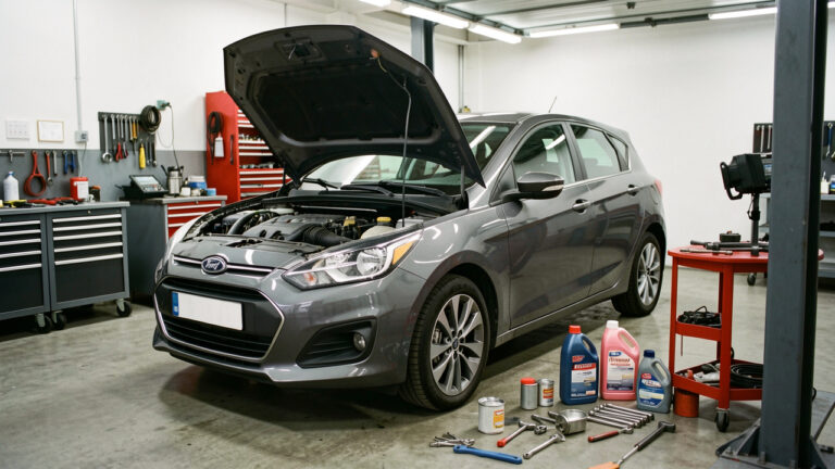 Voiture compacte moderne inspectée dans un garage propre, avec le capot ouvert, des outils et des éléments d’entretien préventif soigneusement disposés à proximité.
