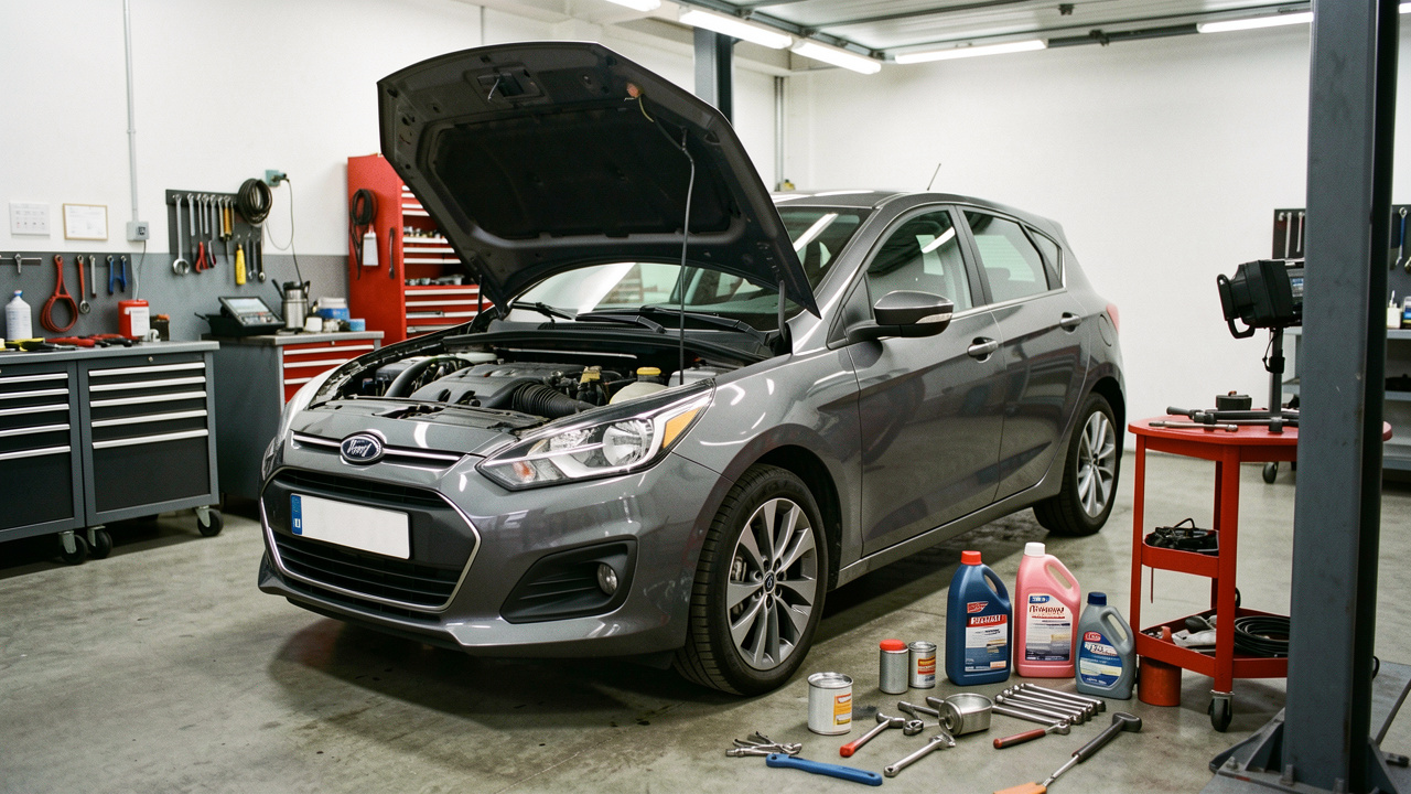 Voiture compacte moderne inspectée dans un garage propre, avec le capot ouvert, des outils et des éléments d’entretien préventif soigneusement disposés à proximité.
