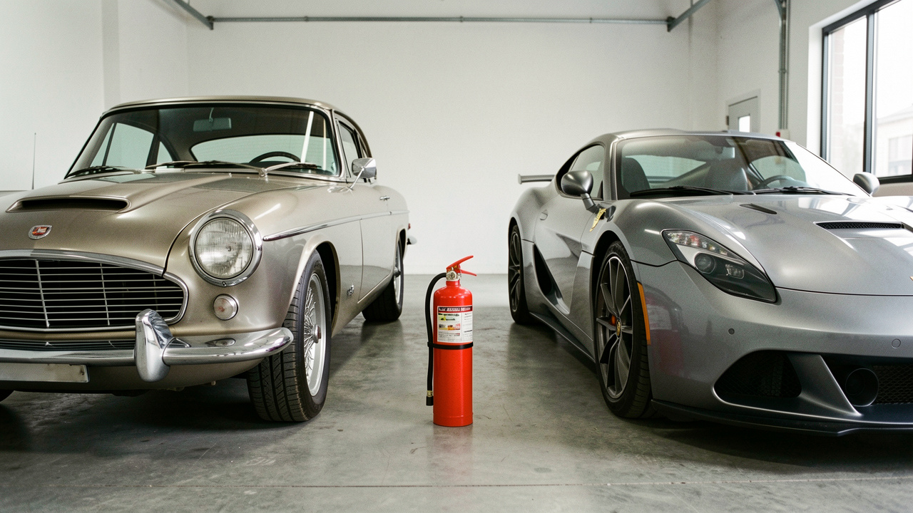 Une voiture ancienne et une voiture de compétition stationnées dans un garage, avec un extincteur automobile rouge placé entre elles.