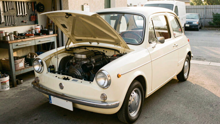Ancienne petite voiture italienne au compartiment moteur ouvert, montrant un moteur entretenu et des améliorations discrètes dans un environnement d’atelier.