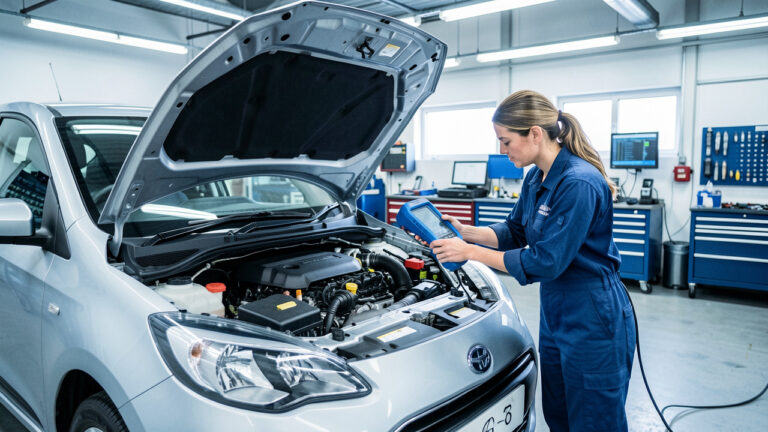 Technicienne automobile étudiant le moteur et les systèmes électroniques d’une voiture compacte dans un atelier de formation.