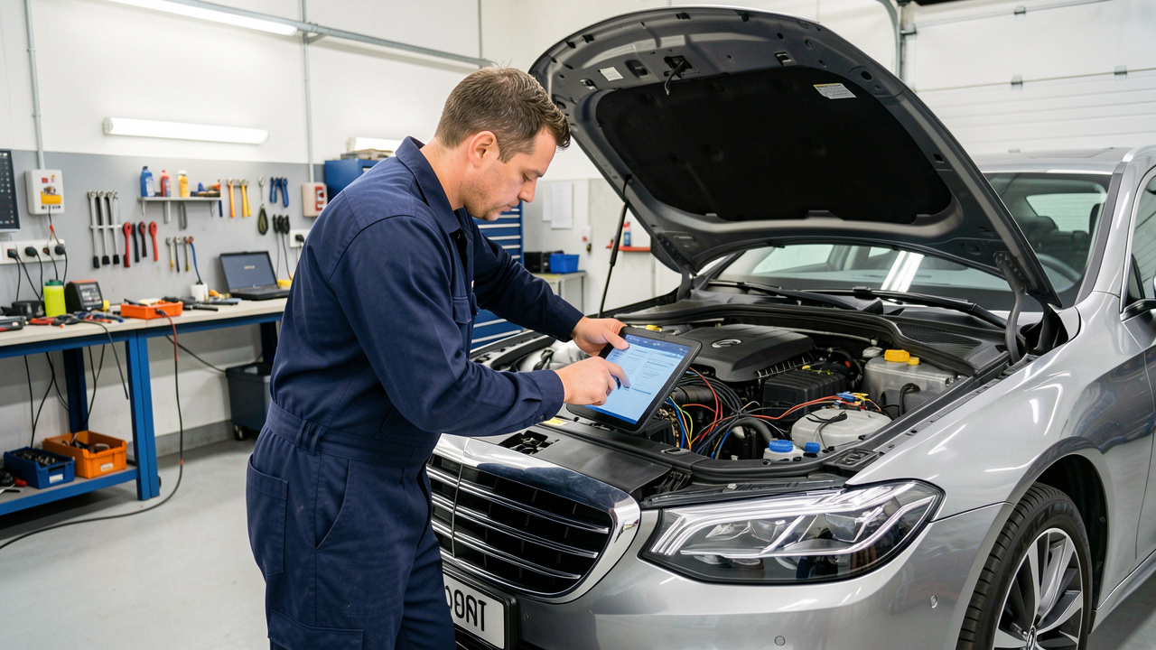 Un technicien automobile effectue un diagnostic électronique et des opérations d’entretien sur une berline haut de gamme dans un garage-école professionnel.