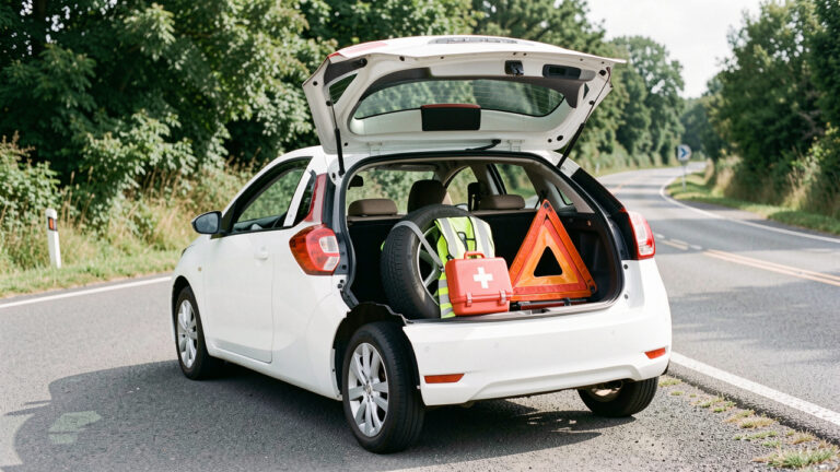 Voiture compacte blanche de location stationnée au bord d’une route, coffre ouvert avec des équipements de sécurité et de dépannage.