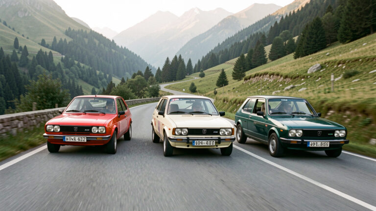 Trois petites voitures compactes classiques de générations différentes roulent en formation sur une route de montagne sinueuse lors d’une sortie de rallye de régularité.