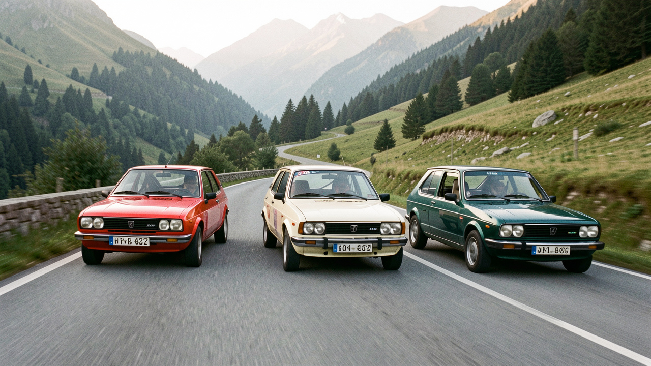 Trois petites voitures compactes classiques de générations différentes roulent en formation sur une route de montagne sinueuse lors d’une sortie de rallye de régularité.
