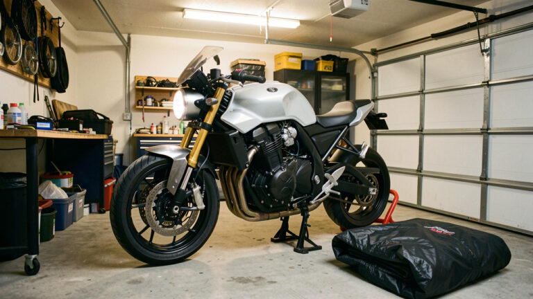 Moto propre préparée pour l’hivernage dans un garage organisé, avec batterie débranchée, pneus soutenus et housse de protection à proximité.
