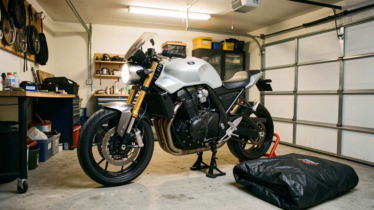 Moto propre préparée pour l’hivernage dans un garage organisé, avec batterie débranchée, pneus soutenus et housse de protection à proximité.