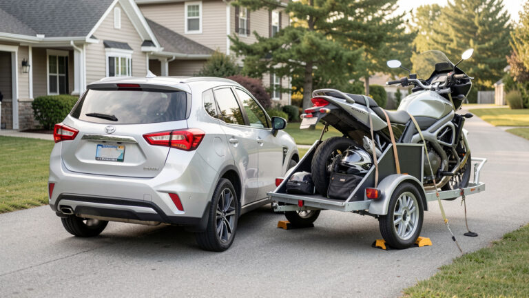 SUV argent transportant une moto sur une remorque, avec sangles d’arrimage, cales de roue, casque et équipement de protection soigneusement rangés.