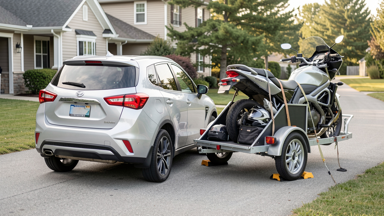 SUV argent transportant une moto sur une remorque, avec sangles d’arrimage, cales de roue, casque et équipement de protection soigneusement rangés.
