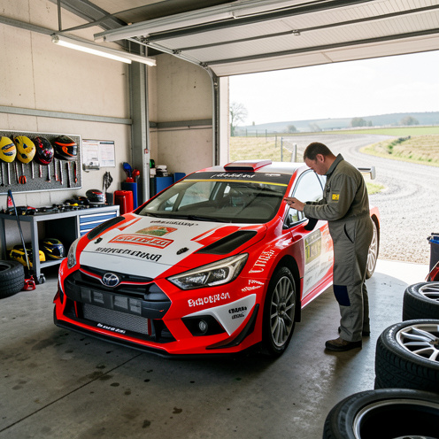 Voiture de rallye rouge et blanche inspectée par un mécanicien dans un atelier ouvert sur un terrain de rallye.
