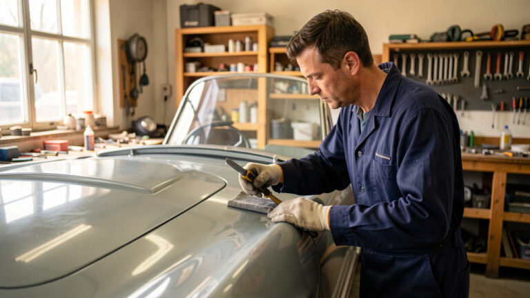 Mécanicien restaurateur travaillant avec soin sur la carrosserie d’une voiture ancienne dans un atelier bien équipé.