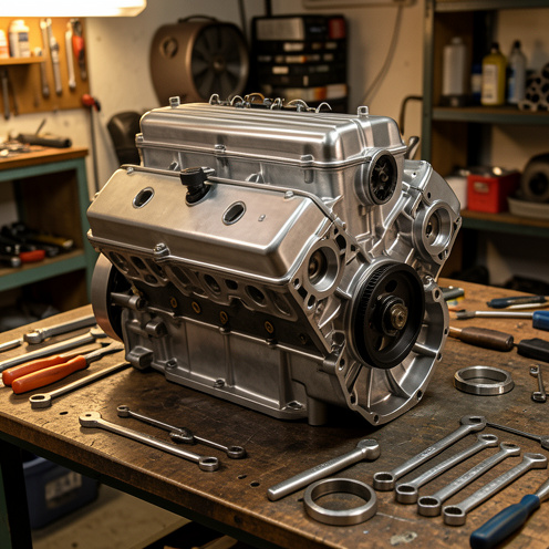 Moteur six cylindres à plat de voiture de sport classique posé sur un établi d’atelier, avec ses composants métalliques visibles et des outils de préparation autour.