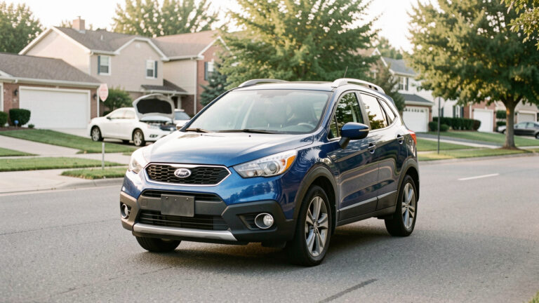 SUV compact d’occasion bleu roulant sur une route de banlieue, illustrant le choix d’une motorisation pratique et économique pour les trajets quotidiens.