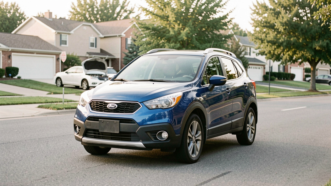 SUV compact d’occasion bleu roulant sur une route de banlieue, illustrant le choix d’une motorisation pratique et économique pour les trajets quotidiens.