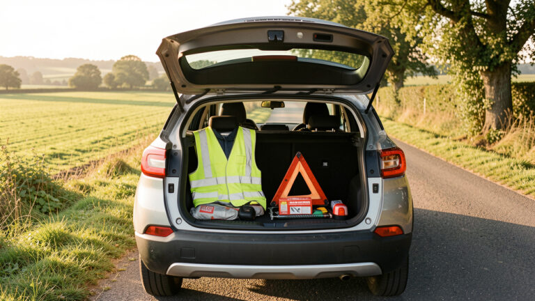 SUV compact de location garé sur une route de campagne, avec un kit de sécurité et d’assistance visible dans le coffre pour un départ en week-end serein.