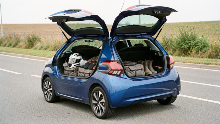 Une voiture compacte bleu foncé, semblable à une Peugeot 208, avec le coffre ouvert et l’équipement soigneusement rangé d’un motard.