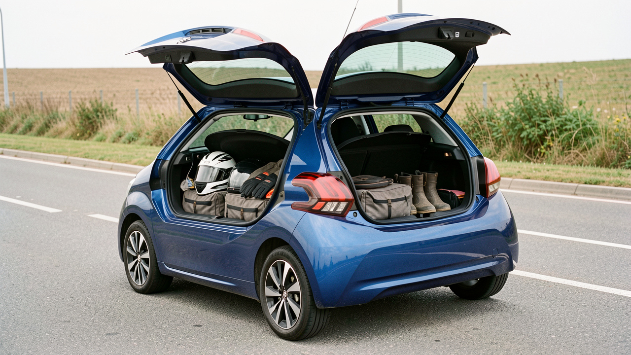 Une voiture compacte bleu foncé, semblable à une Peugeot 208, avec le coffre ouvert et l’équipement soigneusement rangé d’un motard.