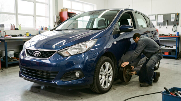 Inspection des principaux équipements de sécurité d’une Peugeot 308 dans un atelier automobile, notamment les pneus, les freins, les phares et les ceintures.