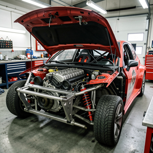 Voiture compacte de rallye en préparation dans un atelier, avec moteur réglé, châssis renforcé, arceau de sécurité, sièges baquets et équipements de protection visibles.