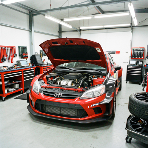 Voiture de rallye en cours de préparation dans un atelier de sport automobile, avec le capot ouvert, des outils et des pièces mécaniques visibles.