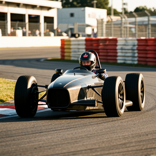 Prototype automobile de course à cockpit ouvert négociant un virage sur un circuit, avec un pilote équipé d’un casque et d’une combinaison.