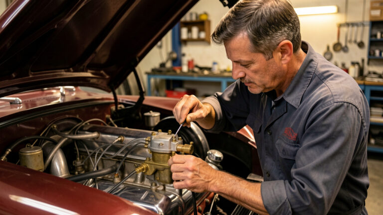 Mécanicien réglant soigneusement le carburateur d’une voiture ancienne dans un atelier propre et chaleureux.