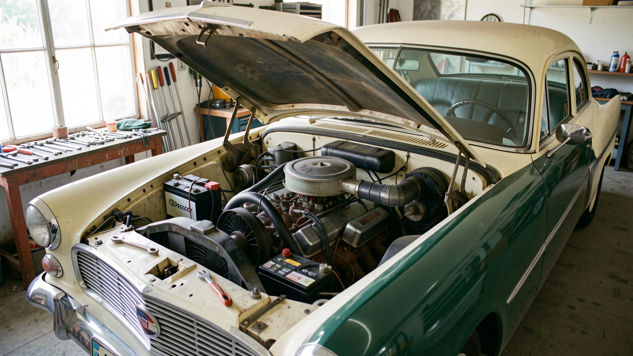 Voiture ancienne au capot ouvert dans un atelier, avec des outils et du matériel disposés autour du moteur pour sa remise en route.