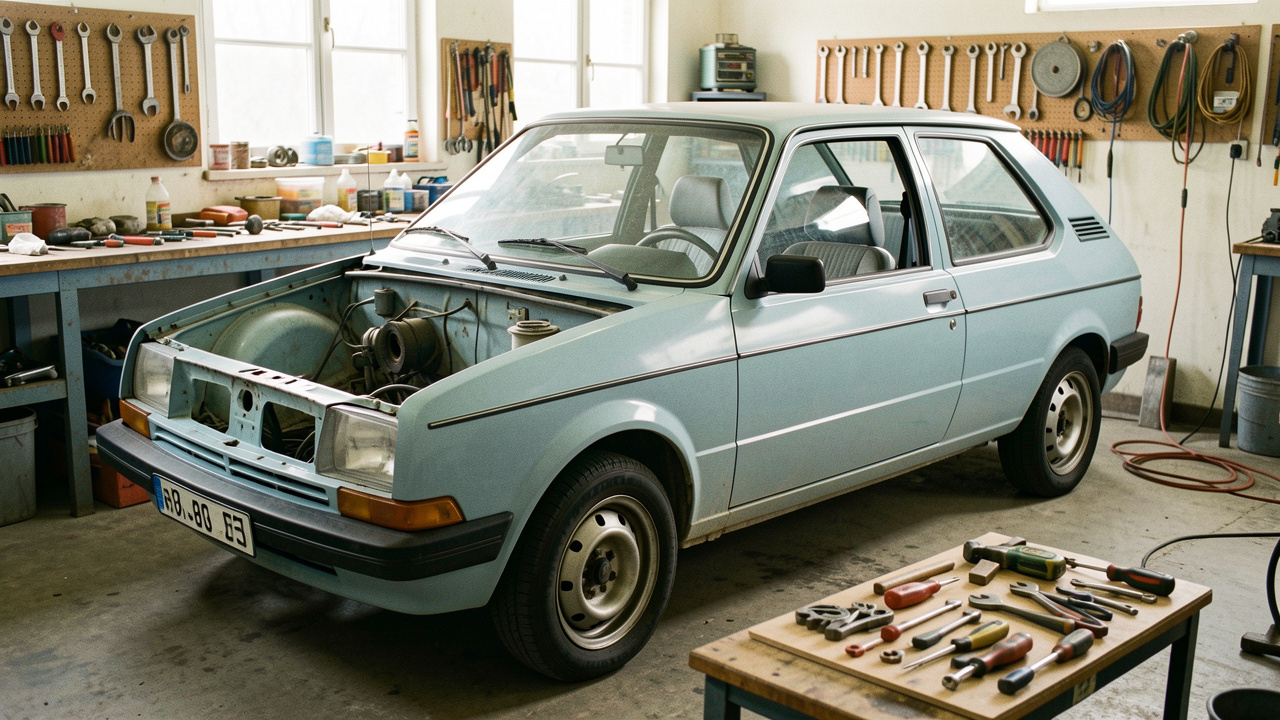 Ancienne voiture compacte en cours de restauration dans un atelier modeste, entourée d’outils et de pièces soigneusement organisés.
