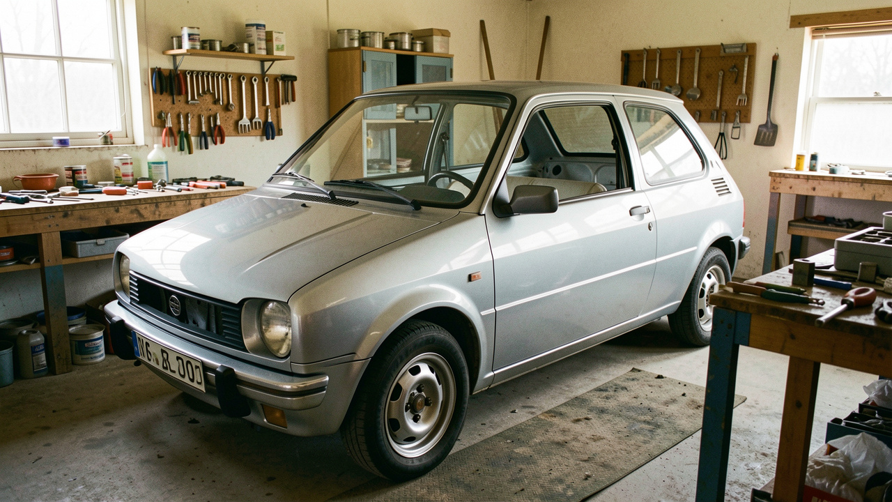 Ancienne voiture compacte européenne en cours de restauration dans un garage modeste, entourée d’outils et de pièces détachées.