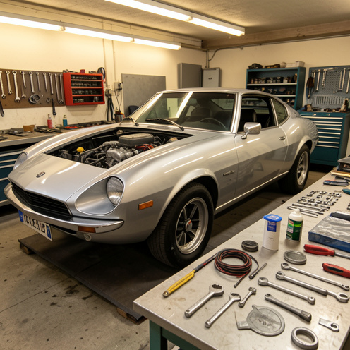 Coupé sportif européen des années 1970 en cours de restauration dans un atelier, avec carrosserie argentée, pièces mécaniques et outils soigneusement disposés.
