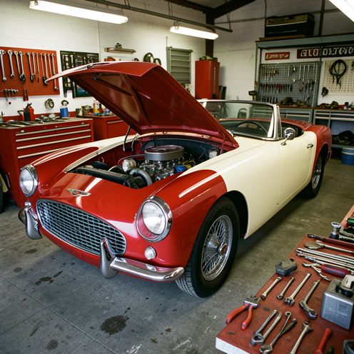 Roadster britannique classique en cours de restauration dans un garage, avec le capot ouvert, le moteur visible et des outils de carrosserie et de mécanique soigneusement disposés.