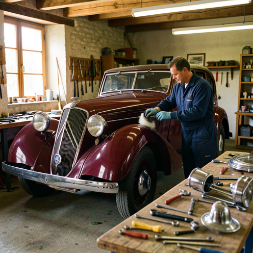 Une voiture ancienne couleur bordeaux en cours de restauration dans un atelier français, avec un mécanicien et des pièces soigneusement disposées.