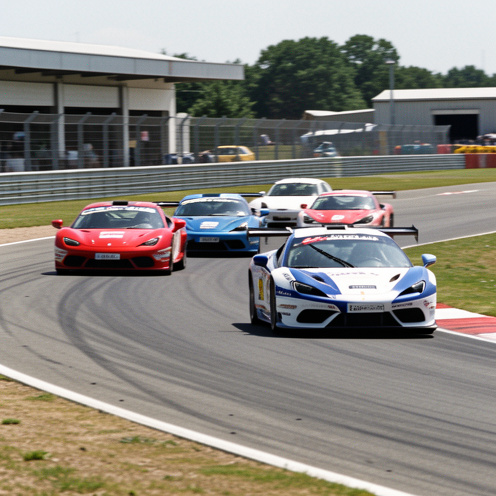 Voitures de sport préparées accélérant dans un virage du circuit de Magny-Cours, avec une voiture au premier plan et les stands en arrière-plan.