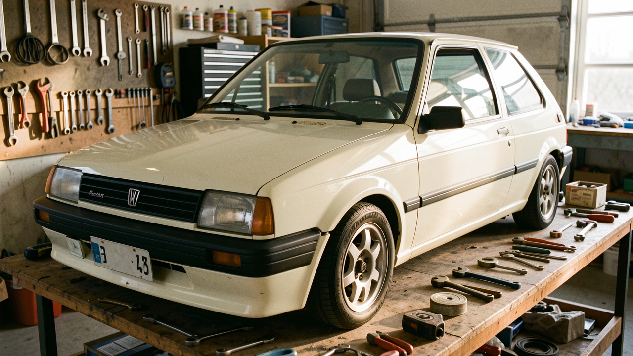 Ancienne Seat Ibiza compacte en cours de restauration dans un garage, avec des outils et des pièces détachées disposés sur un établi.