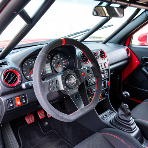Gros plan réaliste sur le tableau de bord d’une voiture de rallye, avec compteurs analogiques, volant, interrupteurs et arceau de sécurité.