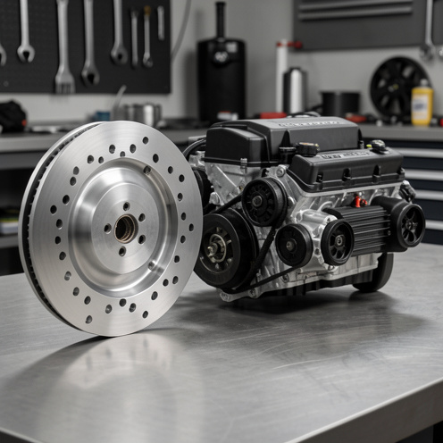 Volant moteur allégé en aluminium avec ouvertures usinées, placé à côté d’un moteur de voiture compacte sportive dans un atelier mécanique.